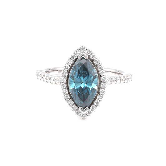 Blue marquise diamond halo engagement ring.