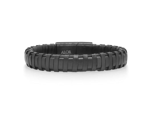 Stainless steel bracelet with black leather weave.