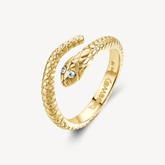 Gold snake ring with simulated diamond eyes.