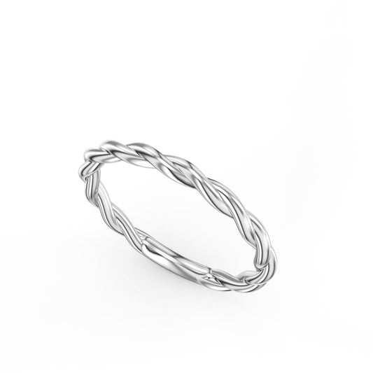 Braided 14K white gold ring, minimalist design.