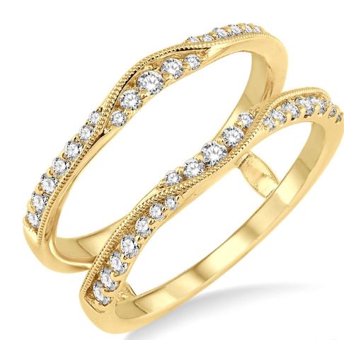 Yellow gold band with round diamonds.