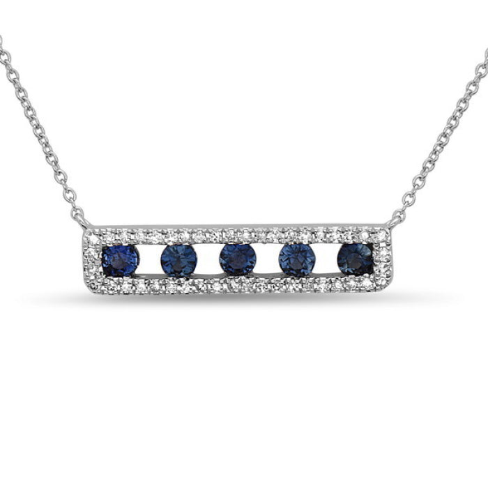 Bar necklace with five round sapphires.