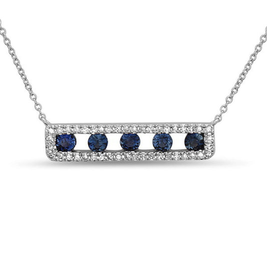 Bar necklace with five round sapphires.