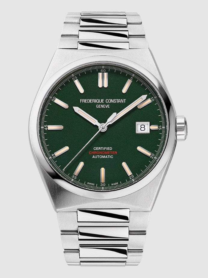 Green dial, stainless steel men's watch.