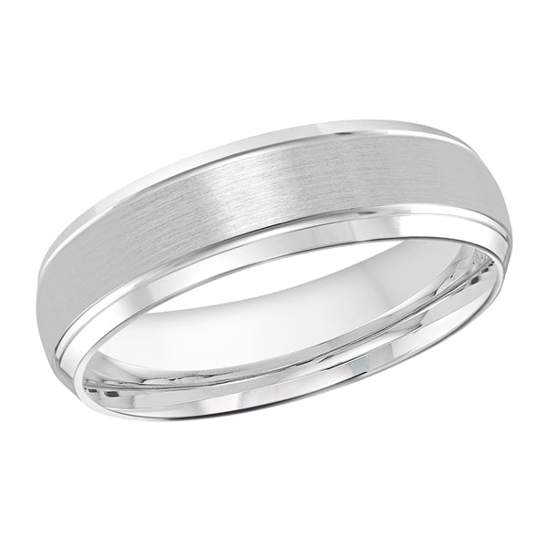 14K white carved men's band, polished satin finish.
