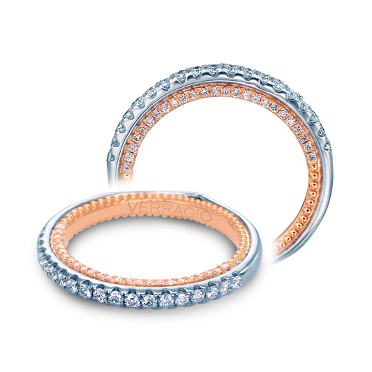 White-rose gold band with round diamonds.