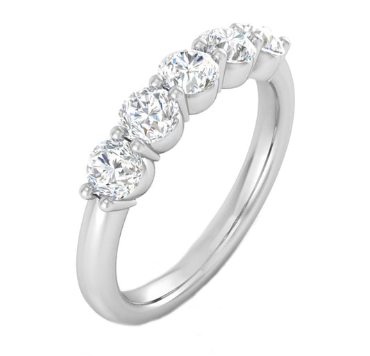 Five round diamonds on white gold band.