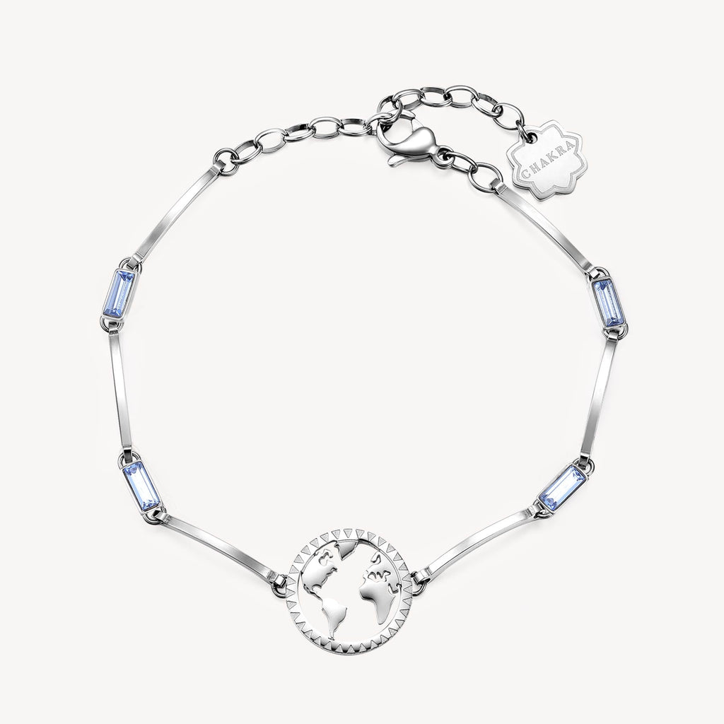 Stainless steel bracelet with blue gemstones.