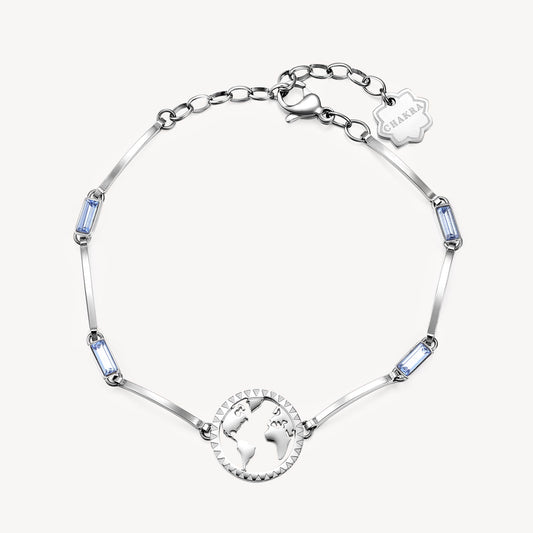 Stainless steel bracelet with blue gemstones.