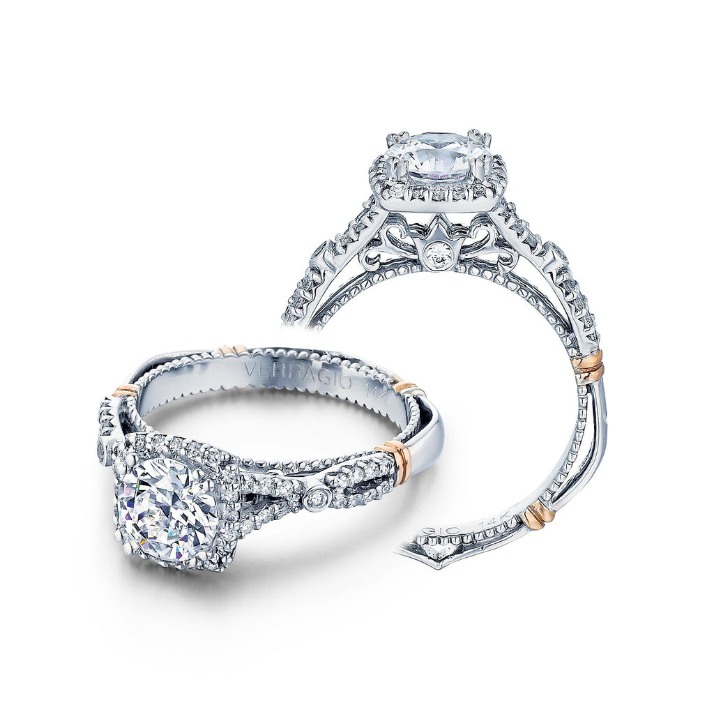 Verragio diamond halo engagement ring in white and rose gold.