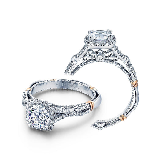 Verragio diamond halo engagement ring in white and rose gold.