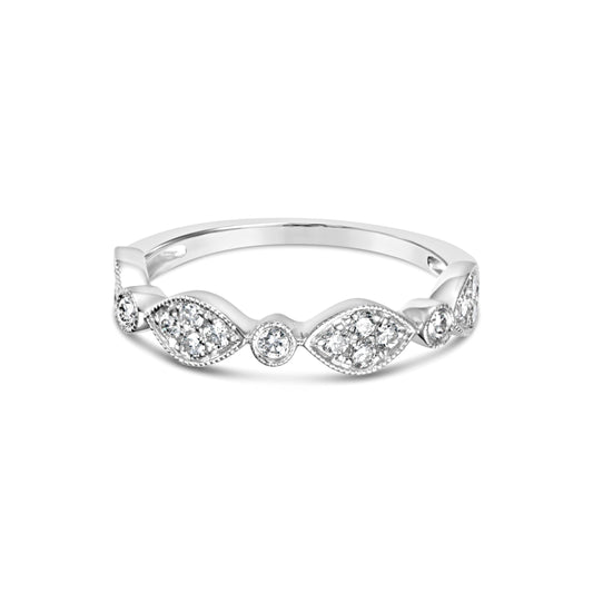 14K white gold band with round diamonds.