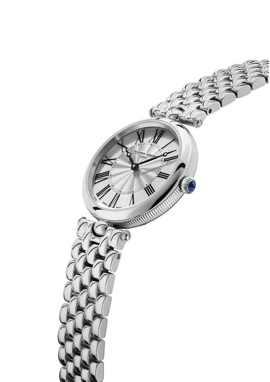 Stainless steel watch, Roman numerals, pearl dial.