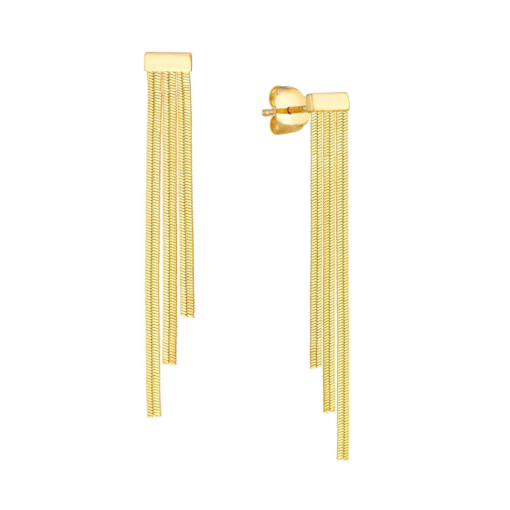 14K yellow gold dangle earrings, sleek strands.