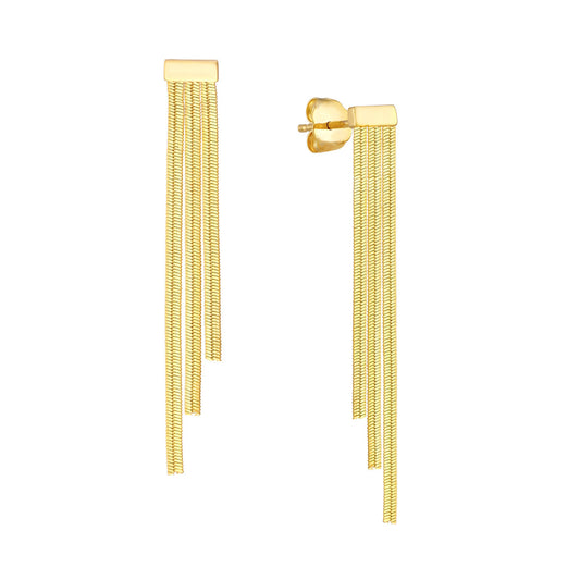 14K yellow gold dangle earrings, sleek strands.