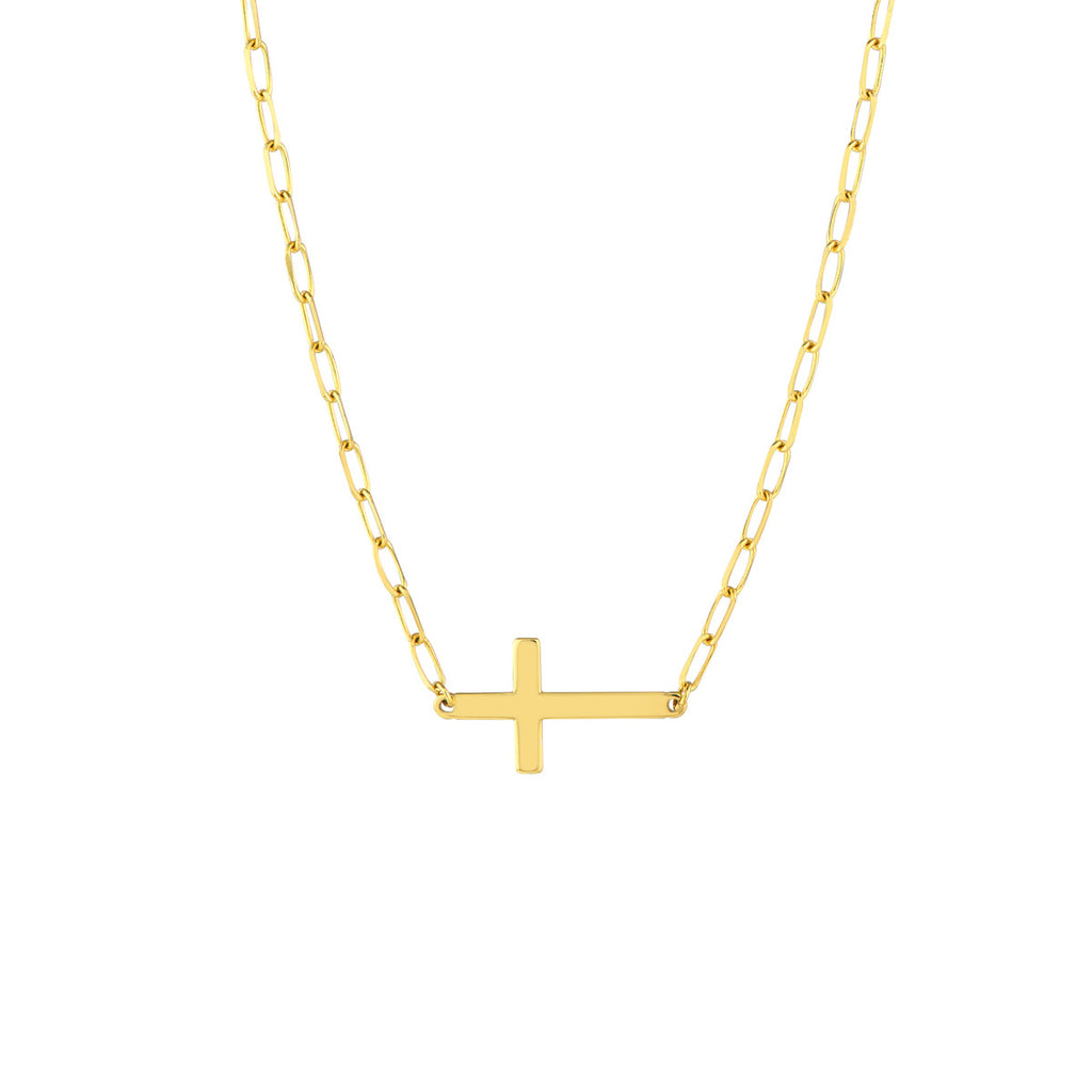 14K yellow gold cross necklace, paperclip chain.