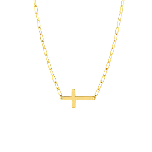 14K yellow gold cross necklace, paperclip chain.