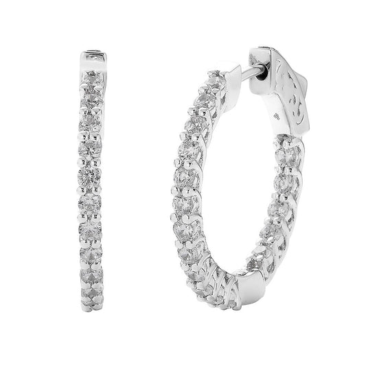 Small Hoop Natural Diamond Earrings in 14 Karat White with 0.97ctw Round Diamonds