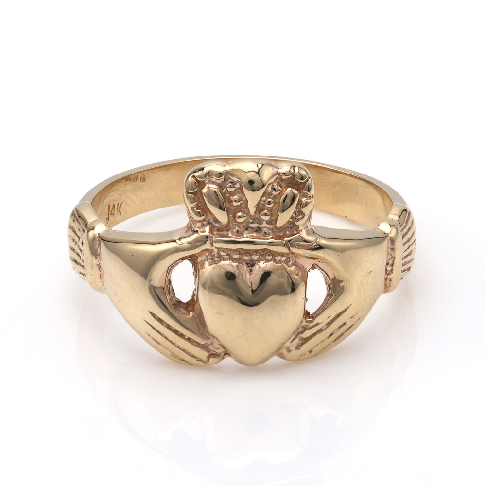 14K yellow gold Claddagh ring, heart design.