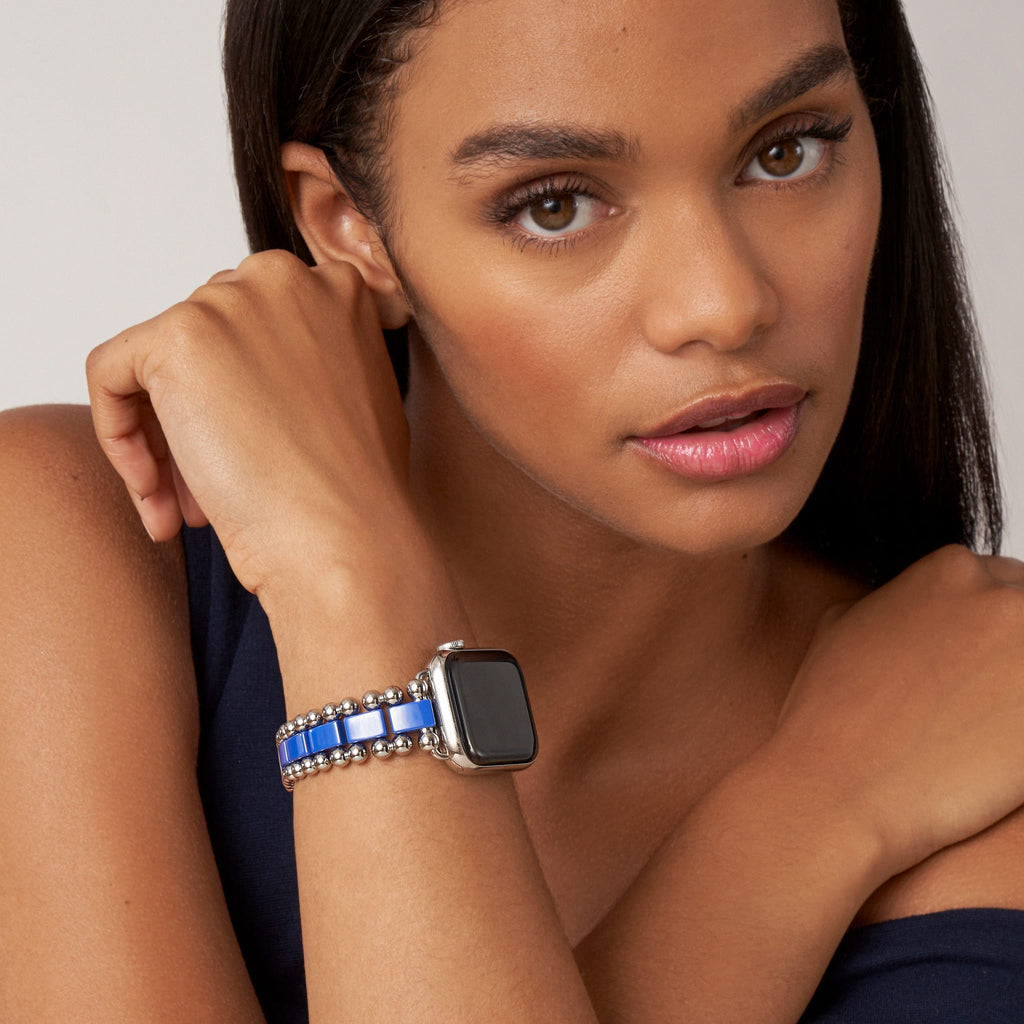 White and blue ceramic watch band.