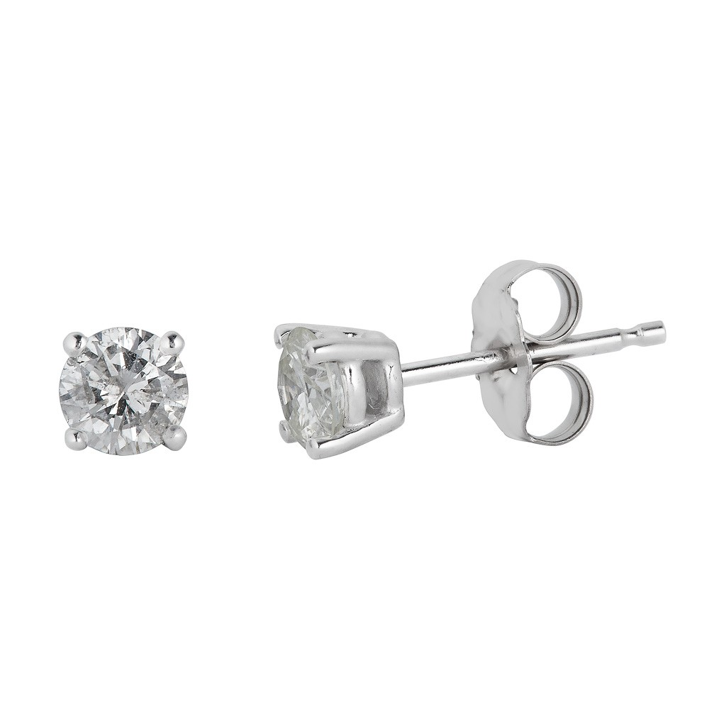 Round diamond studs, 14K white gold.