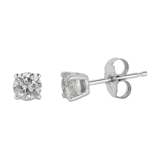 Round diamond studs in 14K white gold.