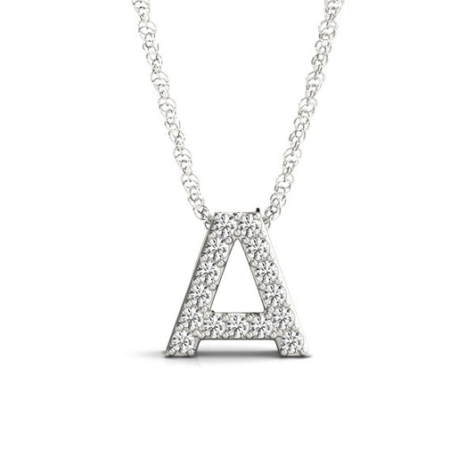 Diamond initial "A" necklace in white gold.