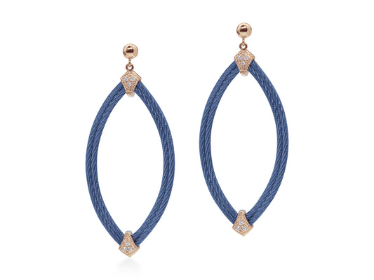 Dangle Natural Diamond Earrings in Stainless Steel Cable - 18 Karat Rose - Blue with 0.10ctw Round Diamond