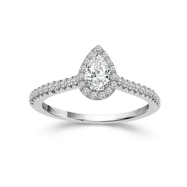 Halo Earth Mined Complete Diamond Engagement Ring in 14 Karat White with 0.24ctw G/H SI2 Pear Diamond