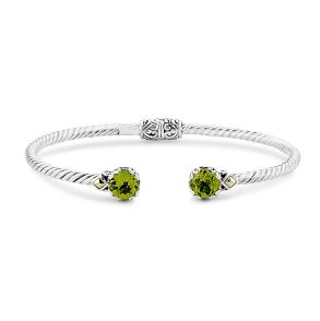Bangle Color Gemstone Bracelet in Sterling Silver - 18 Karat White - Yellow with 2 Round Peridot 7mm