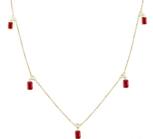 Station Color Gemstone Necklace in 14 Karat Yellow with 5 Emerald Rubies 5mm