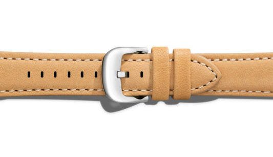 Tan leather watch band with silver buckle.