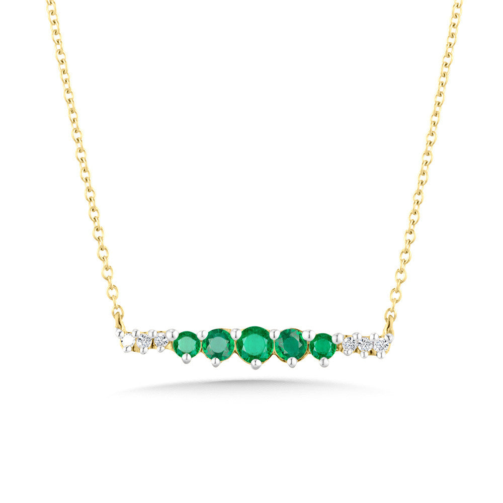 Emerald and diamond bar necklace in gold.