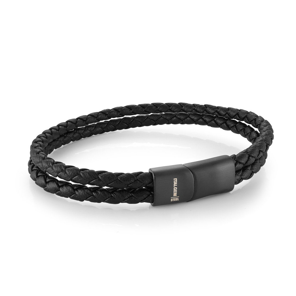 Black leather bracelet with stainless steel clasp.