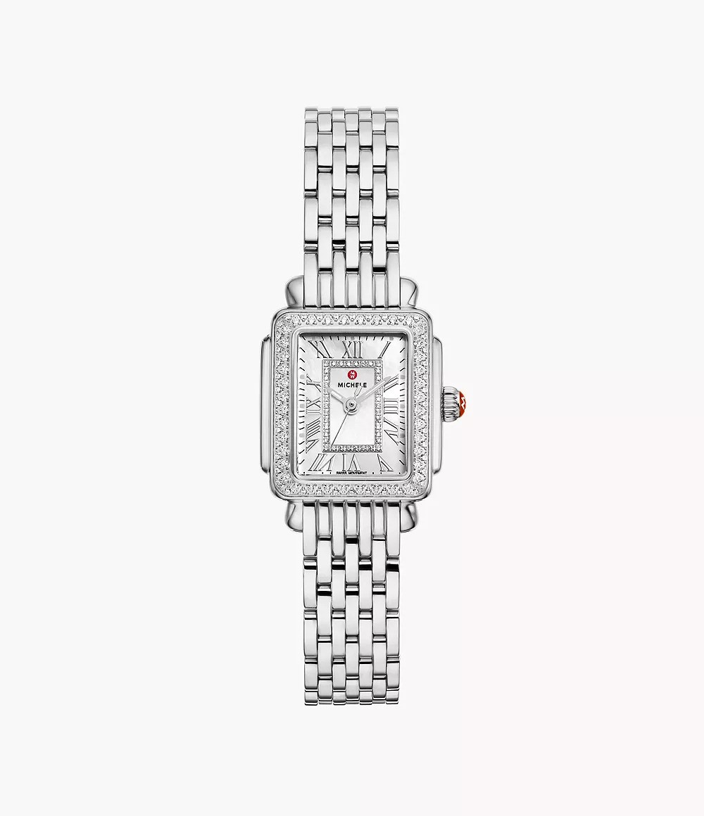 Stainless steel watch with mother-of-pearl dial.
