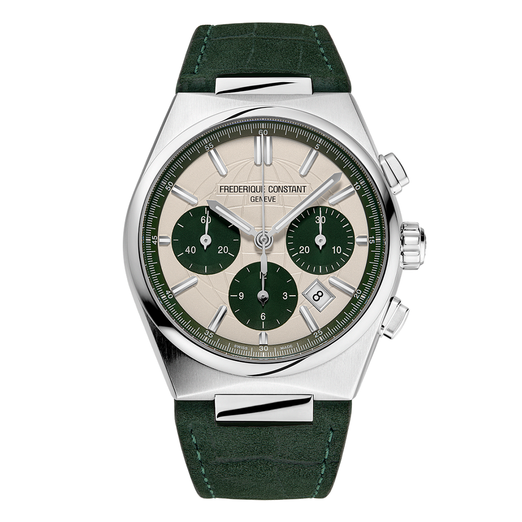Green dial, stainless steel, leather strap watch.