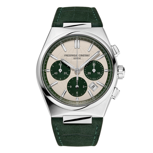 Green dial, stainless steel, leather strap watch.