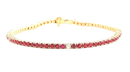 Color Gemstone Bracelet in 14 Karat Yellow with 69 Round Rubies 4.83ctw