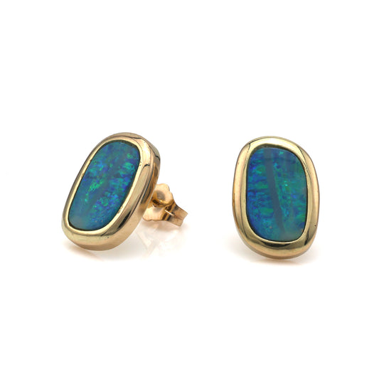 14K yellow gold opal button earrings.