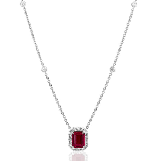 Pendant Color Gemstone Necklace in 18 Karat White with 1 Emerald Ruby 1.44ctw