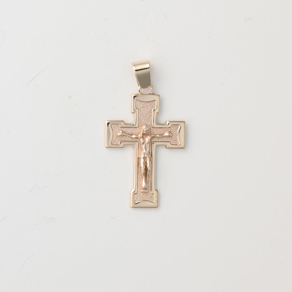 14K yellow gold cross necklace, crucifix design.