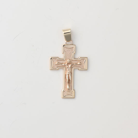 14K yellow gold cross necklace, crucifix design.