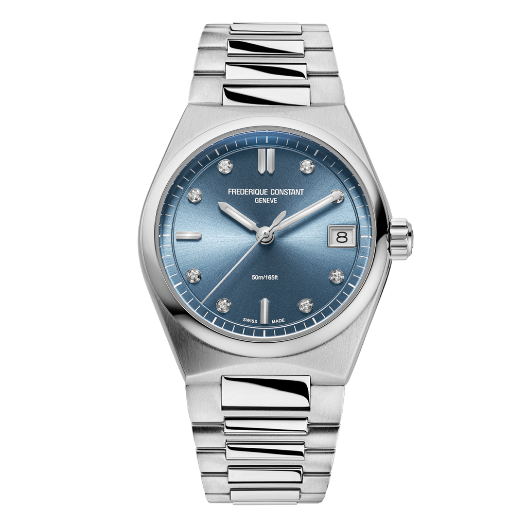 Blue dial watch with diamond markers.