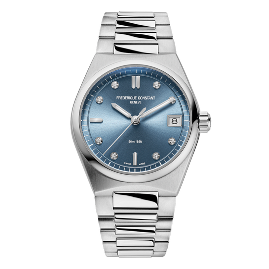 Blue dial watch with diamond markers.
