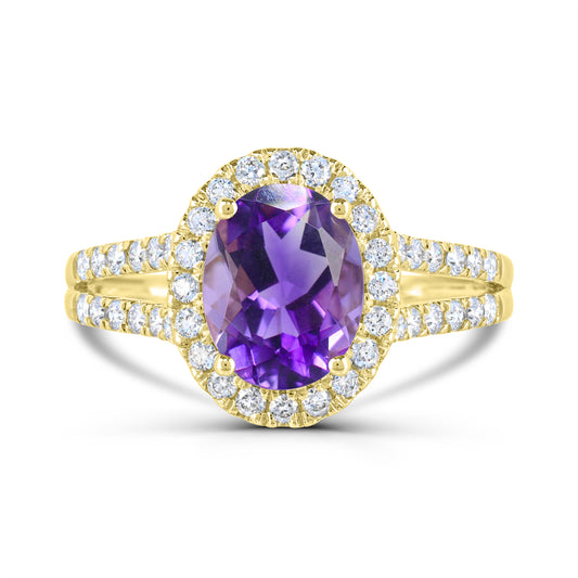 Oval amethyst ring with zircon accents, yellow gold.
