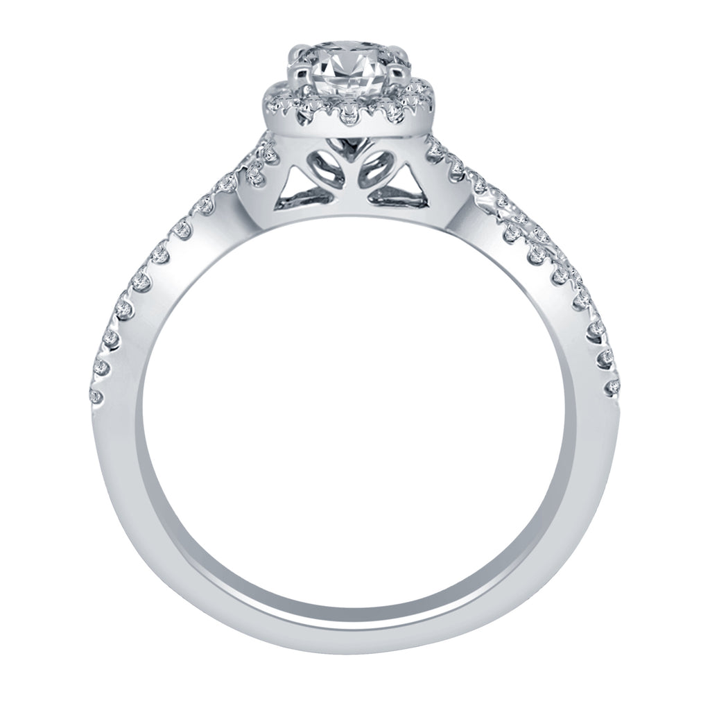 Floral diamond engagement ring, white gold band.