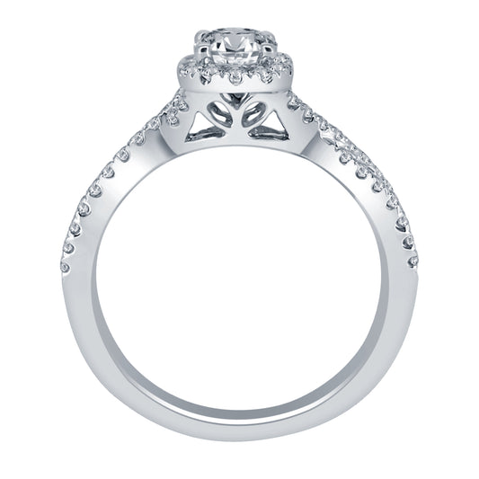 Floral diamond engagement ring, white gold band.