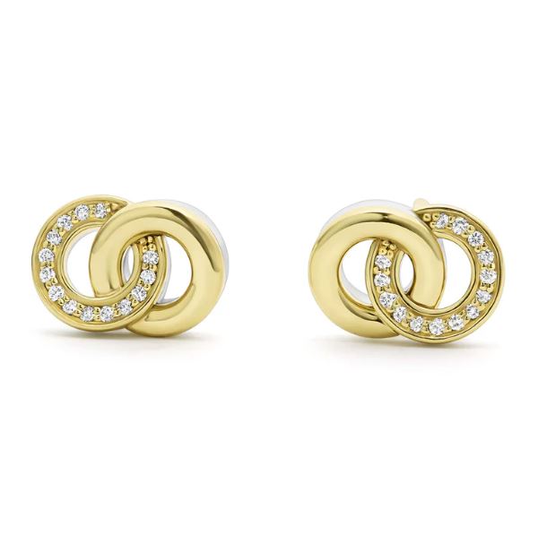 Gold interlocking diamond circle stud earrings.