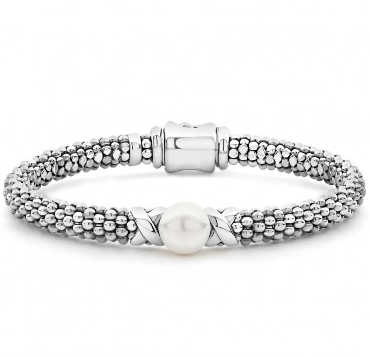 Luna Collection Caviar Rope Color Gemstone Bracelet in Sterling Silver White with 1 Freshwater Pearl 8mm-8mm