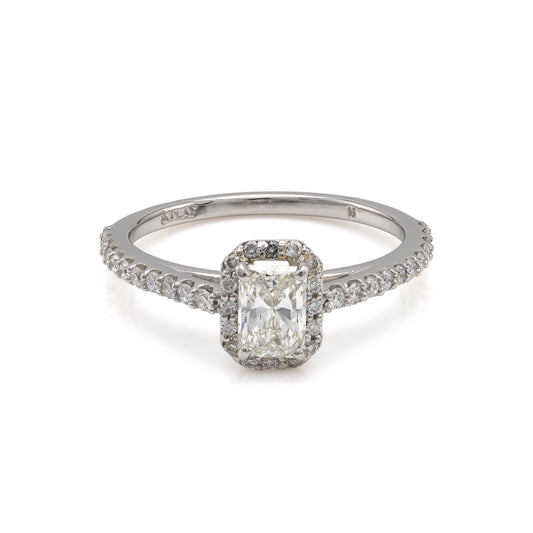 ReMARKable Designs Halo Side Stone Natural Diamond Complete Engagement Ring in Platinum White with 1 Radiant Diamond, Color: J, Clarity: VS2, totaling 0.65ctw